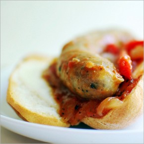 Sausages, onions, peppers, sauce, and Udi's hot dog buns from Hey, that tastes good! Sausages, onions, peppers, sauce, and Udi's hot dog buns from Hey, that tastes good!